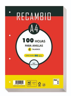 RECAMBIO A4 100H 90GR HORIZONTAL 4 TALADROS