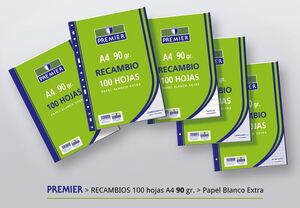 RECAMBIO A4 100H 90GR 4 TALADROS CUADRO 4MM PREMIER