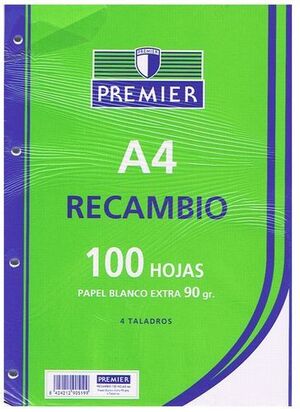 RECAMBIO A4 100H 90GR 4 TALADROS MILIMETRADO