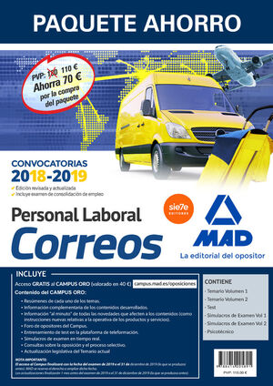 PAQUETE AHORRO PERSONAL LABORAL CORREOS. AHORRO DE 70 ? (INCLUYE TEMARIOS 1 Y 2;