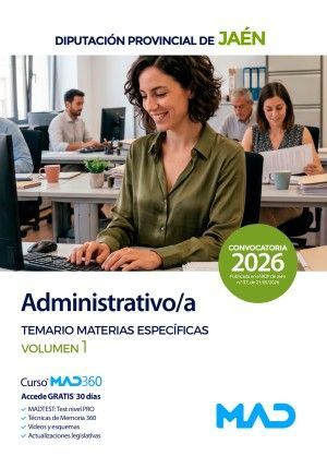 ADMINISTRATIVO/A DIPUTACIÓN PROVINCIAL DE JAEN TEMARIO MATERIAS ESPECÍFICAS VOLUMEN 1